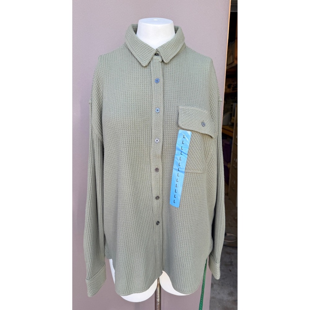 Buffalo David Bitton Waffle Knit Thermal Shirt Large Olive Green Button Down L
